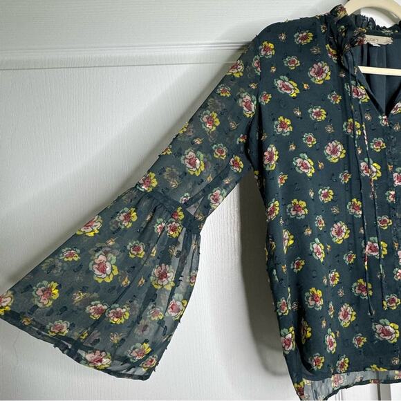 LOFT Bell Sleeve Blouse with Mandarin Collar Floral Print Chiffon XSP to Small - Picture 6 of 12